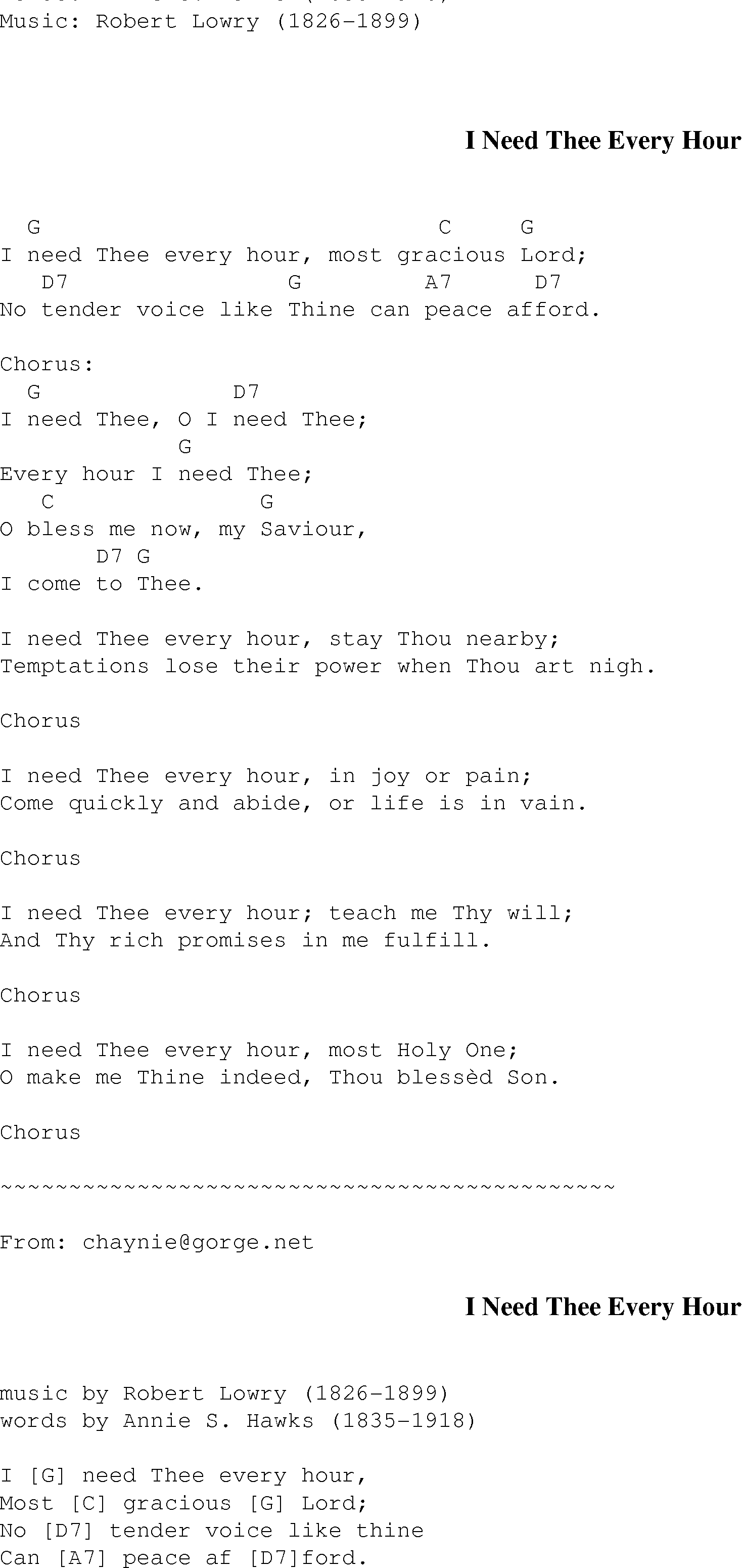 Gospel Song: i_need_thee_every_hour, lyrics and chords.